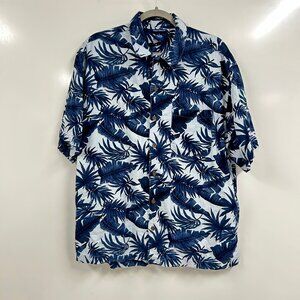 High Sierra Large Hawaiian Shirt Blue Tropical Palm Print Coastal Vacation